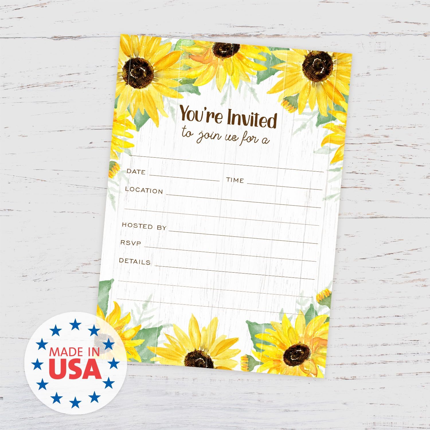 Canopy Street Sunflower Fill In Invitations / 25 Single Sided All Occasion Invites With White Envelopes / 5" x 7" Flat Rustic Floral Invite/Made In The USA