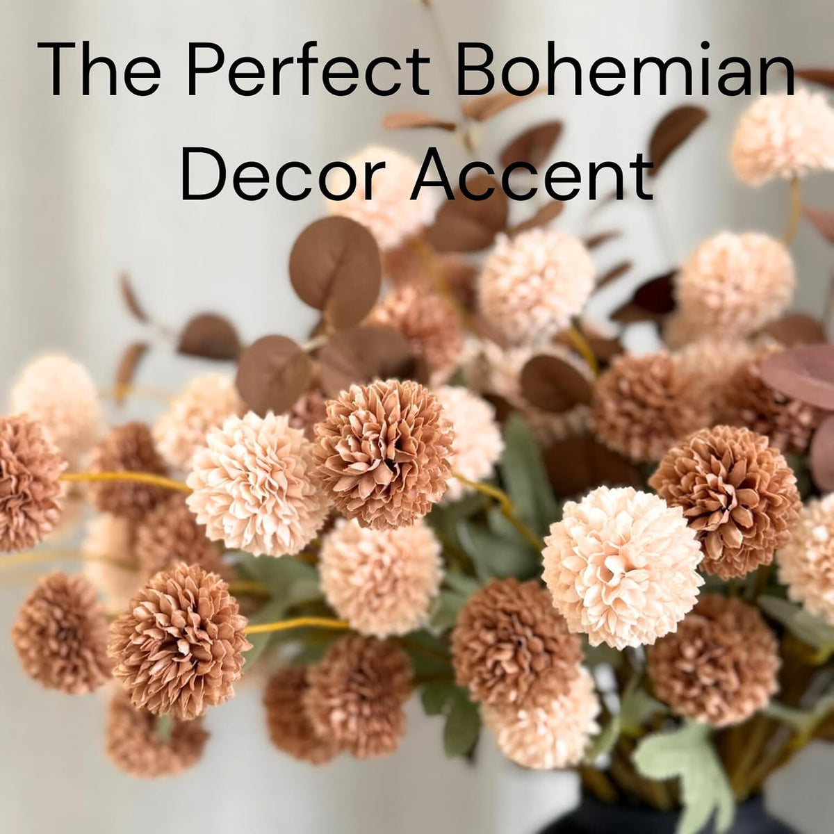 artificial beige & brown kiku flowers with eucalyptus, side view