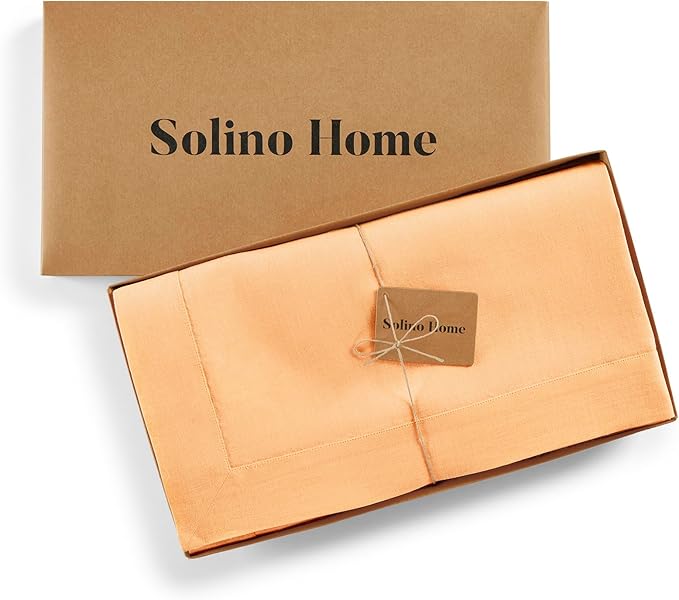Solino Home Linen Tablecloth for Rectangle Tables 60 x 90 Inch - 100% Pure Linen Peach Table Cloth - Fete, Machine Washable Cloth Tablecloth