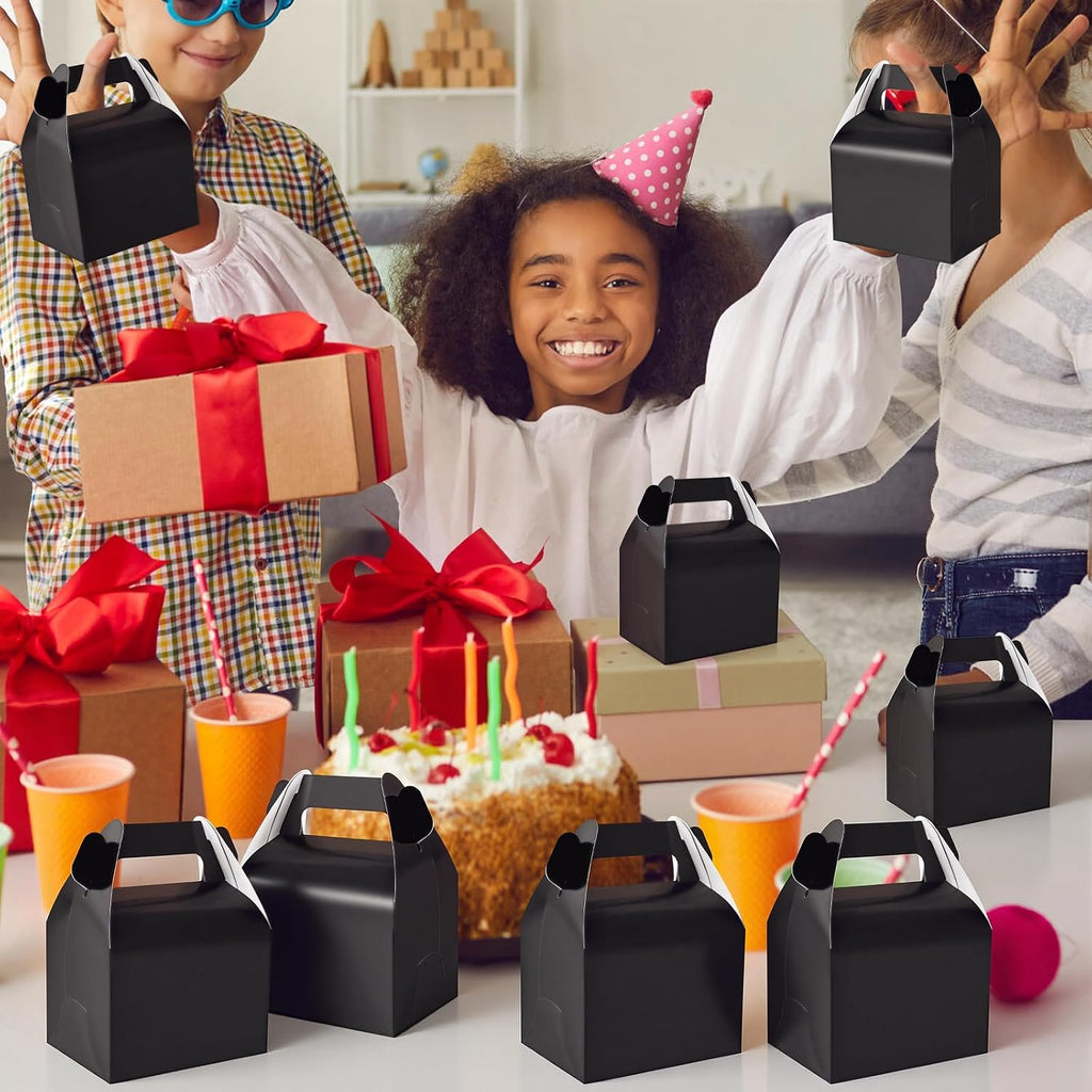 Hooqict 24 Pack Black Party Favor Treat Boxes Paper Gable Gift Boxes with Handles for Party Favors Snack Goodie Candy Cookie Desserts, 6.7x5.1x3.5 Inch