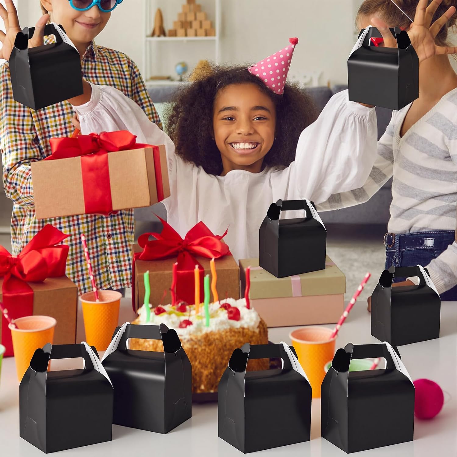 Hooqict 24 Pack Black Party Favor Treat Boxes Paper Gable Gift Boxes with Handles for Party Favors Snack Goodie Candy Cookie Desserts, 6.7x5.1x3.5 Inch