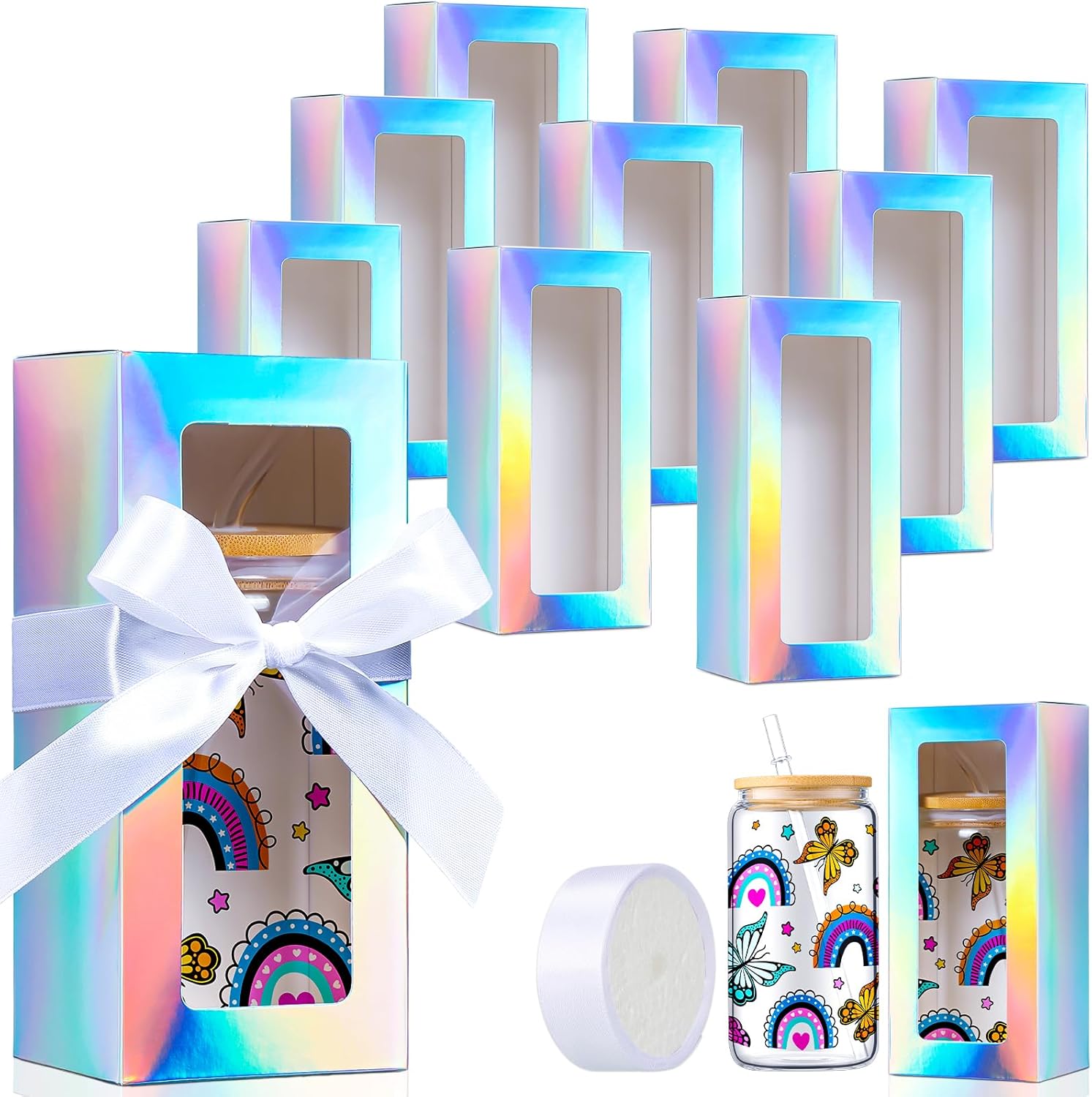 Honoson 12 Pcs Tumbler Gift Box with Ribbon for Sublimation Glass Exhibition Boxes Transparent for 12oz 16oz 20oz Drinking Cup Glasses Jars Mug Can Blanks (7.87 x 3.35 x 3.35",Laser Color)