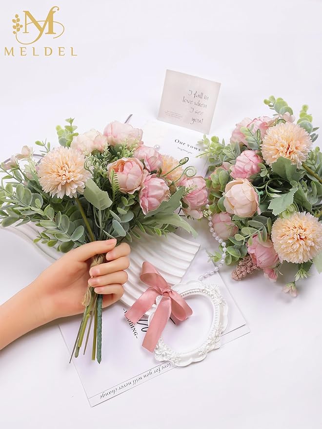 Meldel 3Pcs Peony Bouquet Light Pink Champagne Rose Artificial Flowers Eucalyptus Plants Silk Flower Arrangements Wedding Bouquets Decorations Plastic Floral Centerpieces for Home Kitchen Party Decor