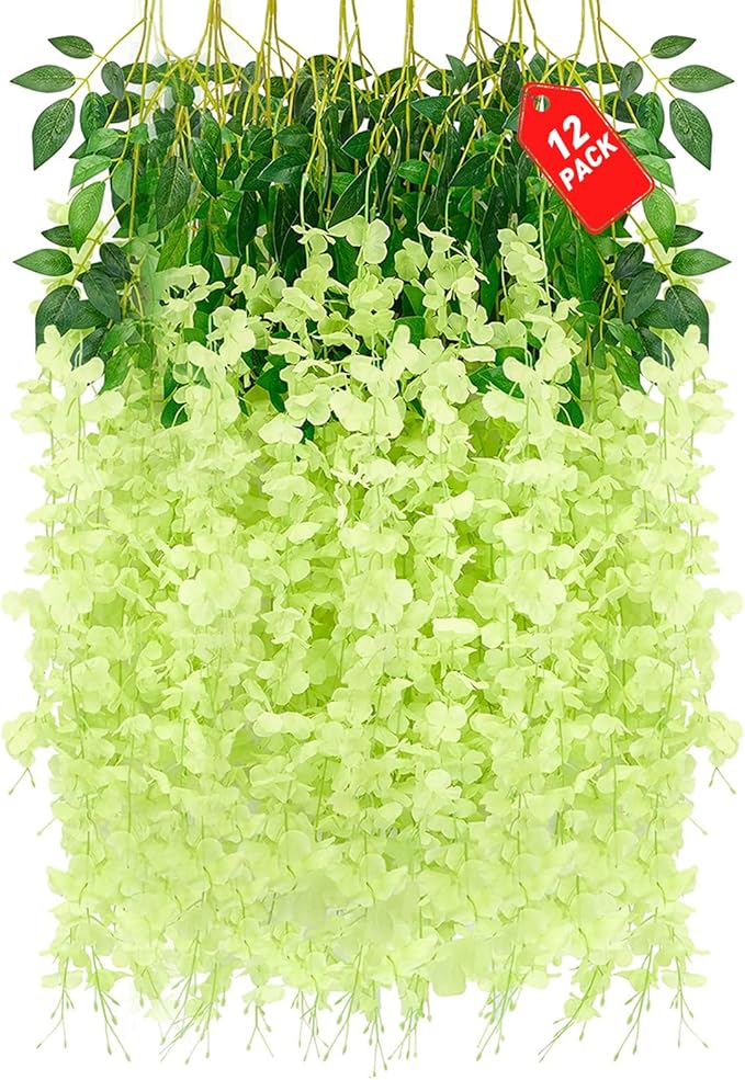 12 Pack Green Wisteria Hanging Flowers, 3.44 Ft Fake Hanging Flowers, Artificial Wisteria Garland Vines for Wedding Room Backdrop Outdoor Patio Garden Decoration