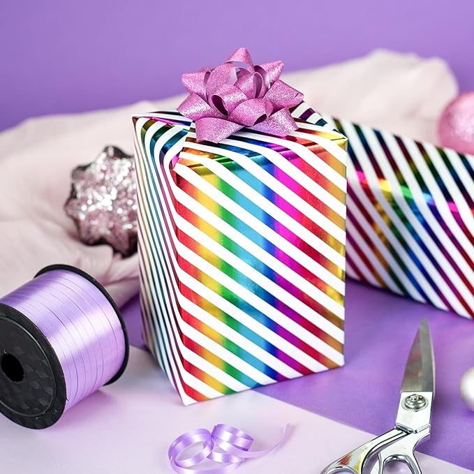 Burymento Rainbow Stripes Wrapping Paper, Gift Wrap for Birthday, Valentines, Mothers day, Graduation, Wedding, Fathers day, Baby Shower, Christmas (17in x 32.8ft)