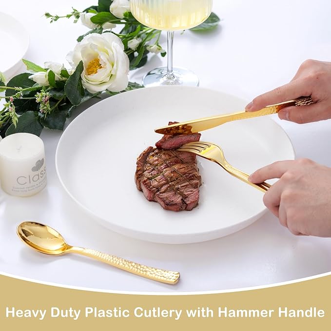 Supernal 180 pieces Gold Plastic Silverware, Disposable Plastic Utensils Heavy Duty, Gold Disposable Silverware Sets Include 60 Knives, 60 Forks and 60 Spoons, Suitable for Party, Birthday, Wedding
