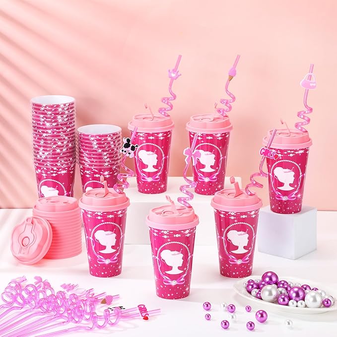 Yungyan 16 Sets Hot Pink Girl Party Favors Goodie Cups with Lids and Straws for Birthday Decorations Reusable 16oz Plastic Candy Cups Plastic Straws for Birthday Party (Pink Princess)