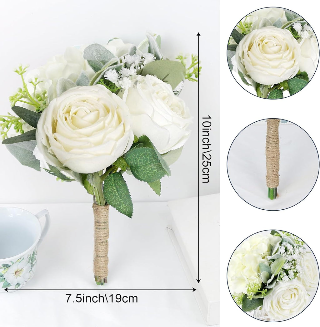 Bridesmaid Bouquets Set of 2 - Ivory White Artificial Flowers Bouquet for Bridesmaids Wedding Small Floral Centerpieces for Marriage Proposal Party Anniversary Dining Table Decor -7 Inch