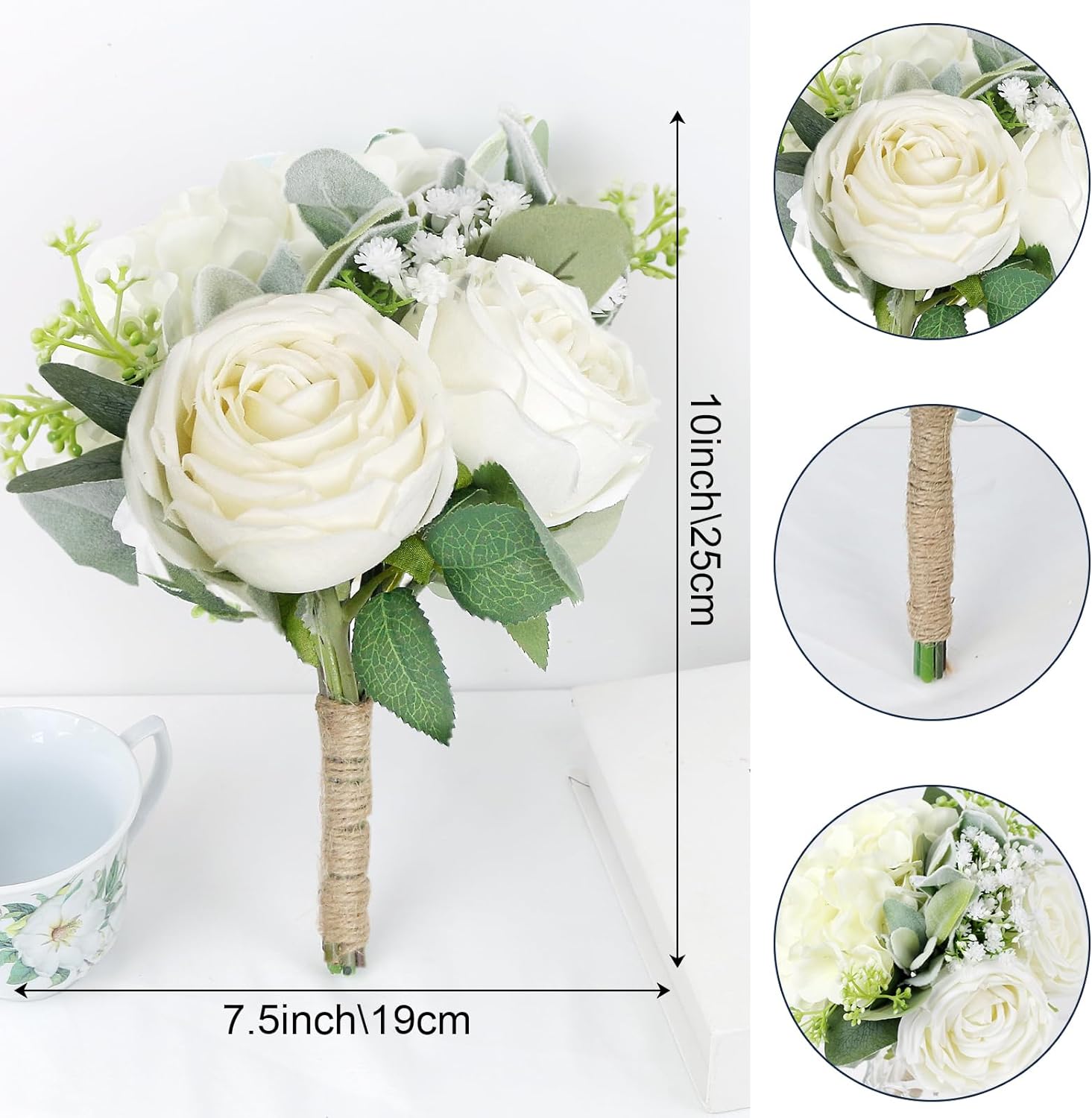 Bridesmaid Bouquets Set of 2 - Ivory White Artificial Flowers Bouquet for Bridesmaids Wedding Small Floral Centerpieces for Marriage Proposal Party Anniversary Dining Table Decor -7 Inch