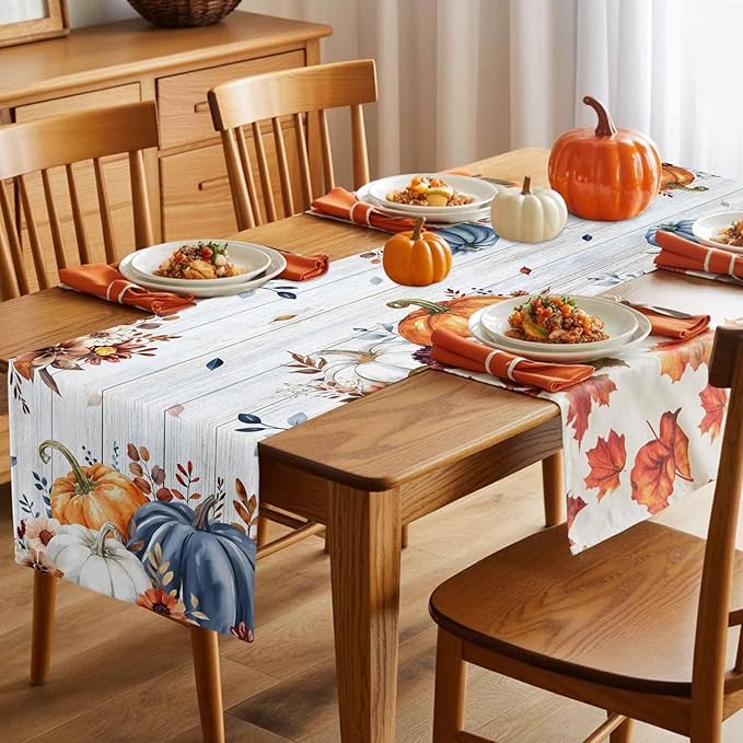 Thanksgiving Fall Cotton Linen Table Runner for Dining Kitchen, Pumpkins Eucalyptus Wedding Outdoor Party Tablerunners Decoration, Farmhouse Wooden Dresser Scarf Coffee Tablecloth Runners 13x90 Inches