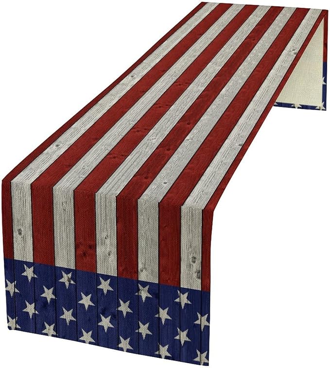 American Flag Table Runner, 4th of July USA Rustic Vintage Wooden Blue Red Stars Stripes Print Table Runner for Farmhouse Kitchen Dining Table Decor, 13x70inch