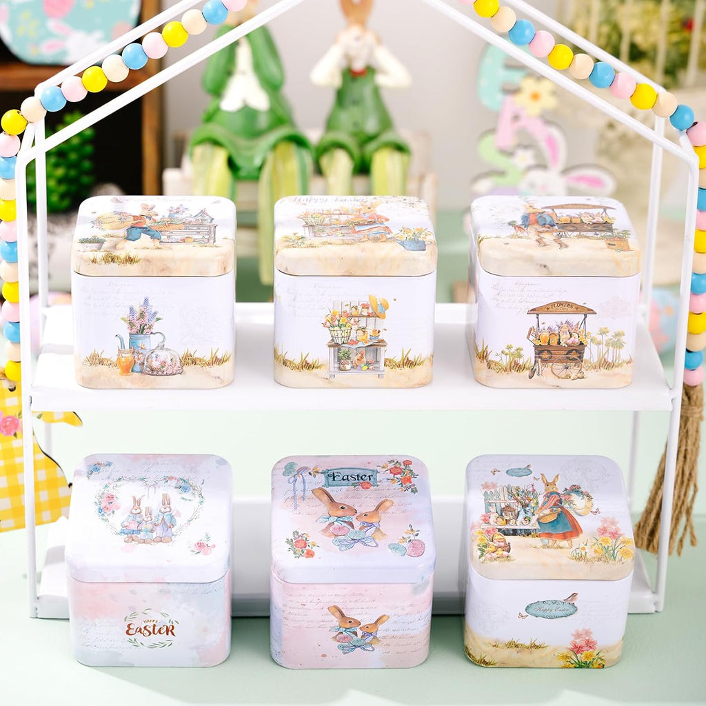 Easter Rabbit Square Metal Storage Tin (Style D) - 2.95" Vintage Bunny & Flower Treat Box, Decorative Small Tinplate Organizer for Candies, Jewelry, Reusable Holiday Keepsake Container & Party Favors