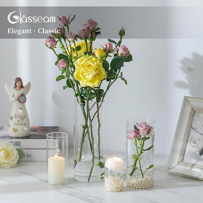 Glasseam Clear Cylinder Vases for Centerpieces, Glass Cylinder Vase Set of 30 for Flowers, Modern Hurricane Candle Holder for Pillar Candles, Floating Candle Vases for Wedding Table Decorations