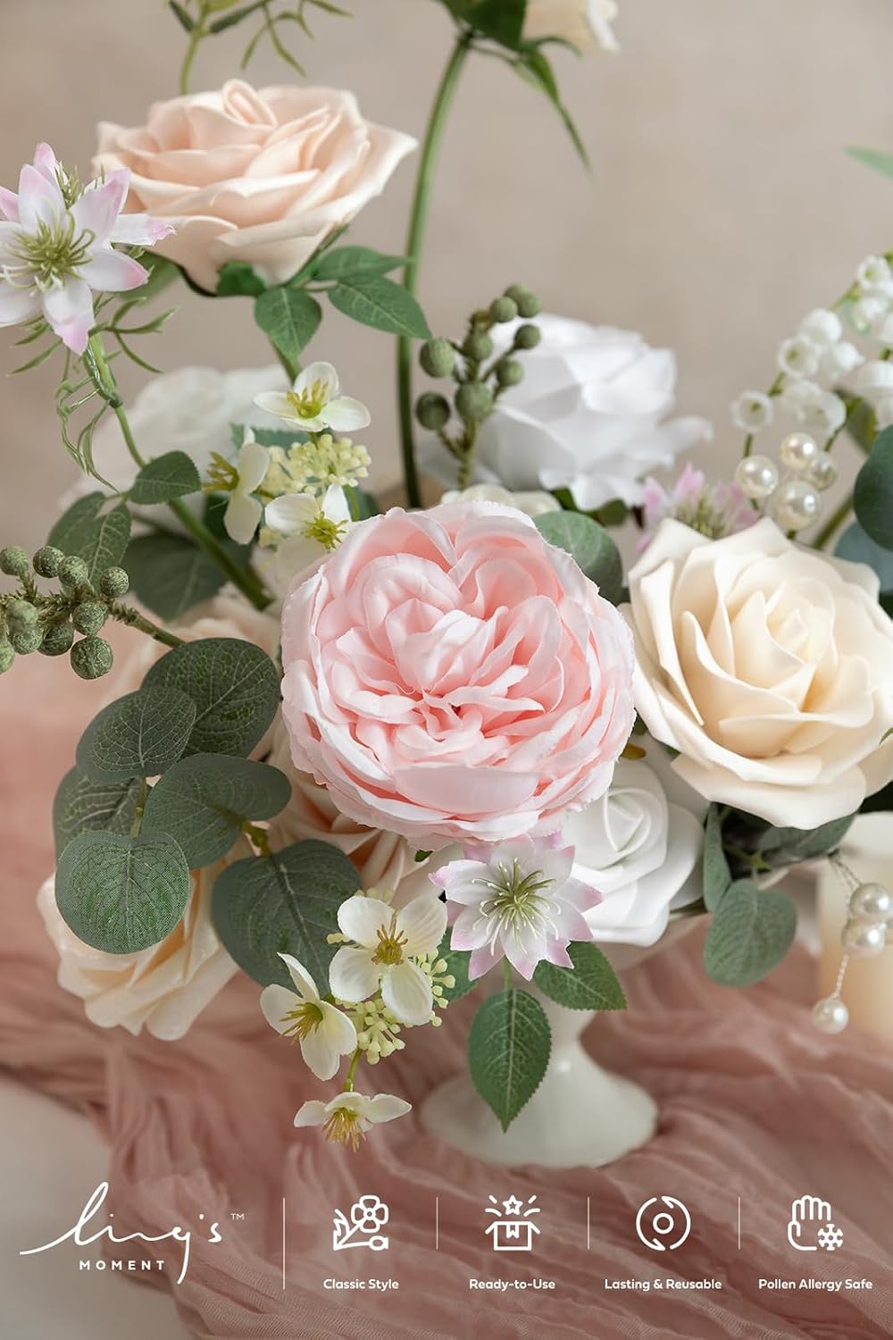 Ling's moment Fake Flowers Box, Faux Artificial Greenery Stems Foam Roses Silk Peony Eucalyptus Fabic Flower for Centerpieces Bouquet Wedding Vase Floral Decorations, Cream & Blush, Deluxe Combo