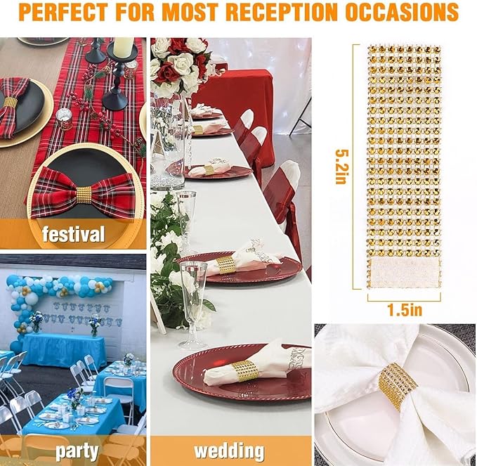 Gold Napkin Rings Set - 300 Rhinestone Crystal Napkin Rings for Wedding, Dinner, Parties & DIY Decoration
