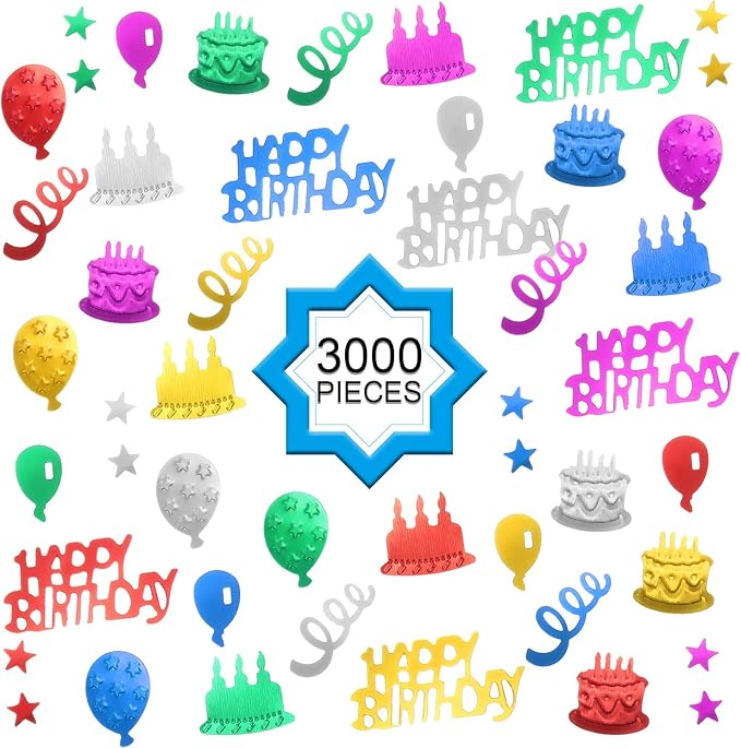 WILLBOND 3000 Pieces Happy Birthday Confetti Birthday Party Cake Confetti Metallic Foil Balloon Table Scatter Decorations for Carnival Baby Shower DIY Arts and Crafting