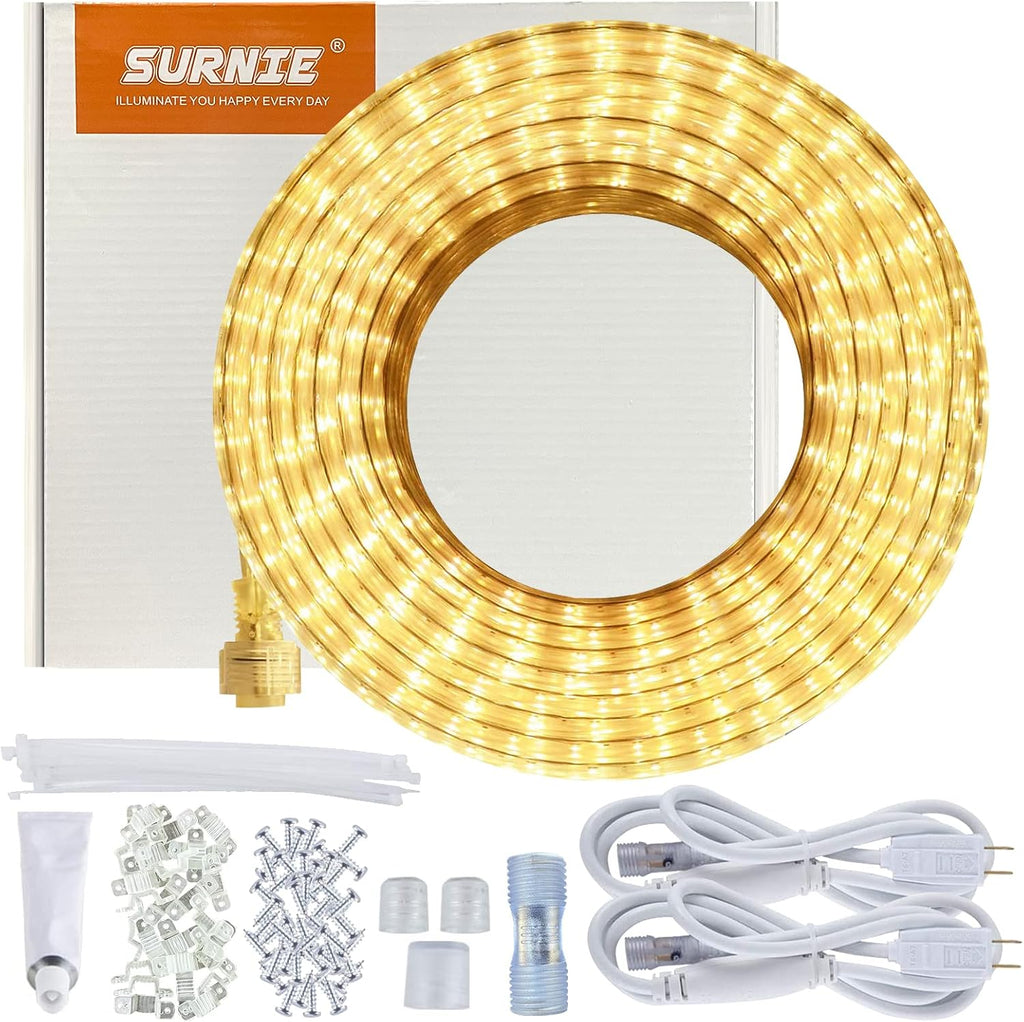 SURNIE LED Rope Lights Outdoor Waterproof Warm White, 50ft Outside Bright Lighting Cuttable Connectable Flexible 110V Cool Clear Flat 3000K, Indoor Deck Patio Christmas Camping Decor, Not Tube Rope