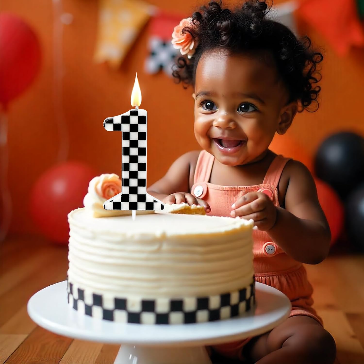 Racing Car Themed Birthday Candles, Number 1 Checkered Candles, Black & White Checkered Cake Topper, Cool Racing Themed Party Supplies, Special Candle
