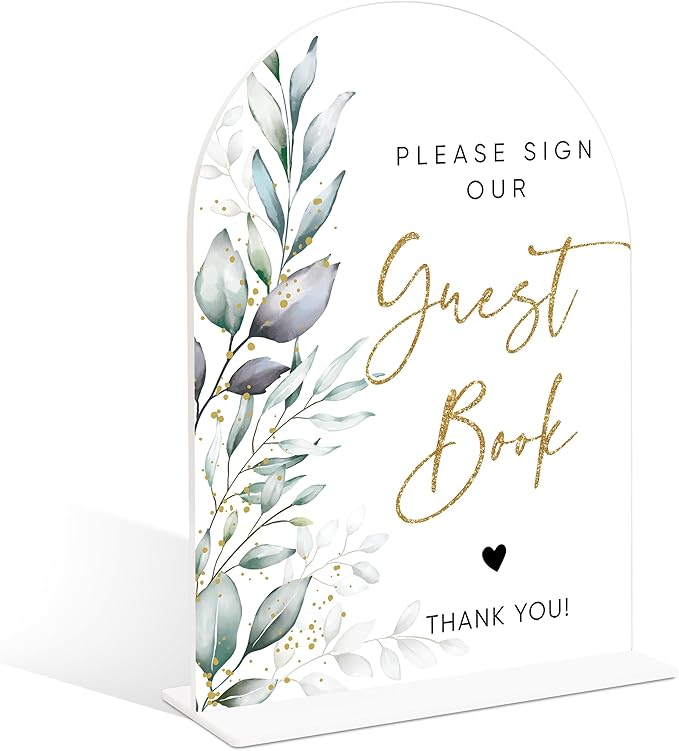 Acrylic Wedding Signs, Greenery Theme Please Sign Our Guestbook, Wedding Reception Signage, Bridal Shower Table Decor with Stand, Engagement, Anniversary, Newlywed Events and Parties Supplies, 19