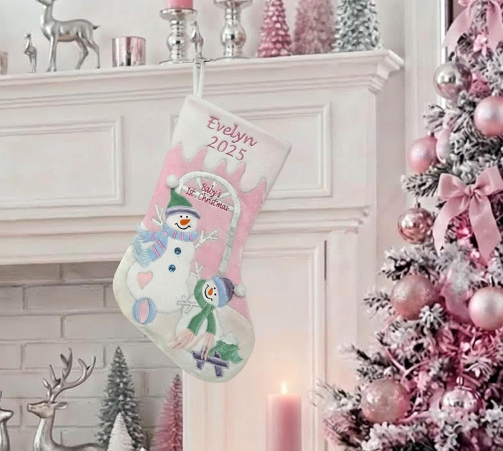 Baby's 1st Christmas Stocking with Large 20" Pink Snowman Velvet Personalized Stockings for First Christmas