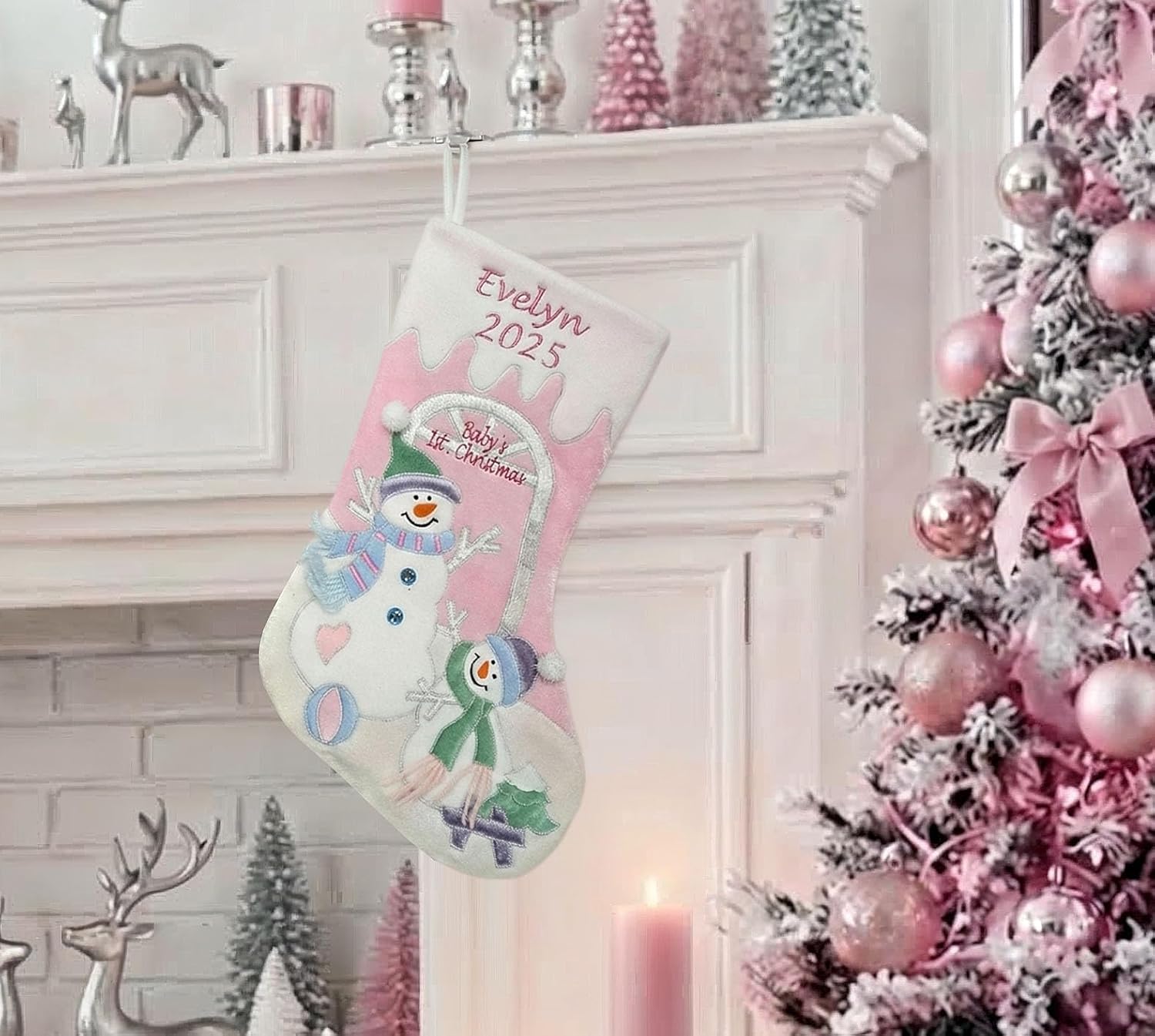 Baby's 1st Christmas Stocking with Large 20" Pink Snowman Velvet Personalized Stockings for First Christmas