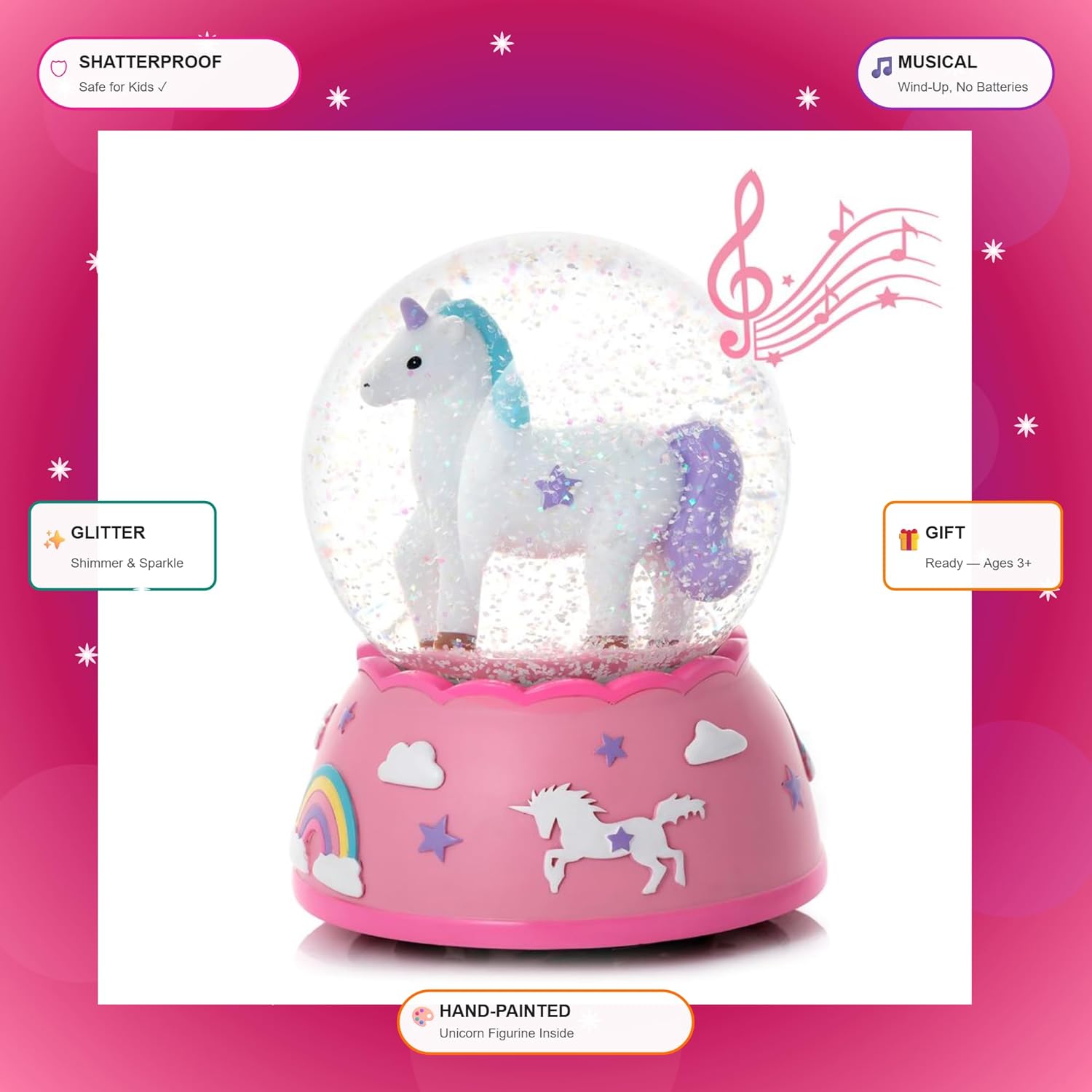 Shatterproof Unicorn Snow Globe for Girls - Hand-Painted Musical Water Globe with Glitter - Plastic Unbreakable Kids Snow Globe - Gift for Toddlers & Little Girls Ages 3+