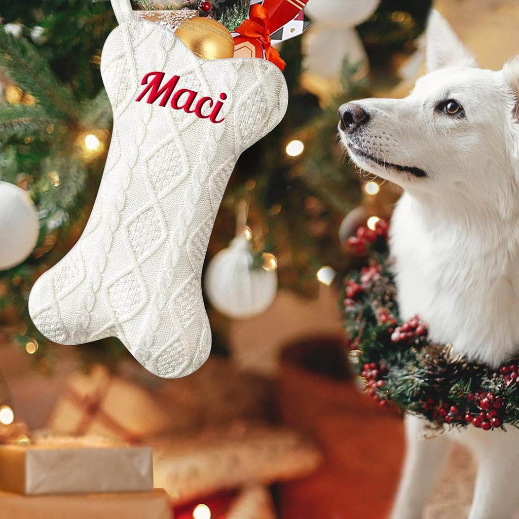 NIBESSER Personalized Dog Christmas Stockings Custom Name Knit Christmas Stockings 16.7” Large Xmas Stocking for Dogs Cats Pet Bone Shape Rustic Farmhouse Fireplace Hanging Ornament