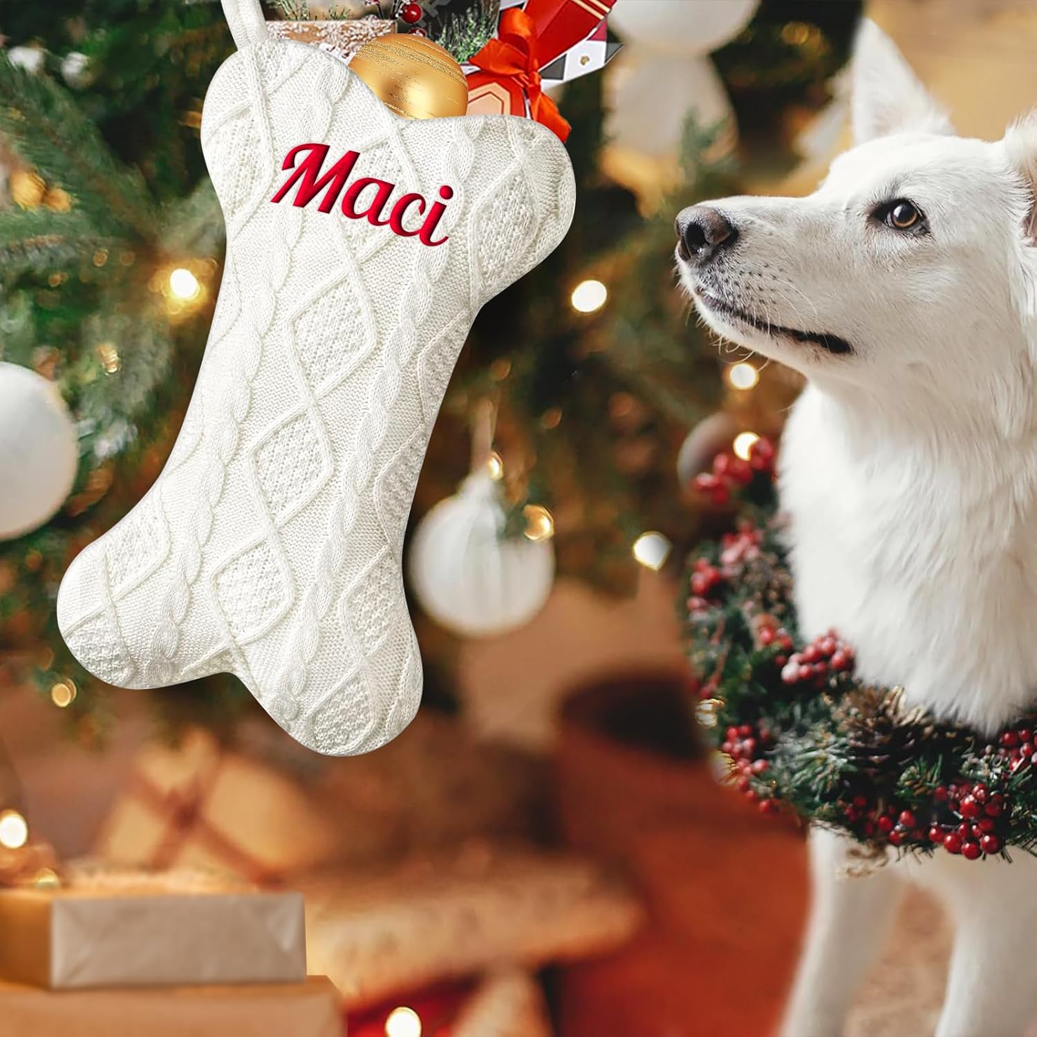 NIBESSER Personalized Dog Christmas Stockings Custom Name Knit Christmas Stockings 16.7” Large Xmas Stocking for Dogs Cats Pet Bone Shape Rustic Farmhouse Fireplace Hanging Ornament