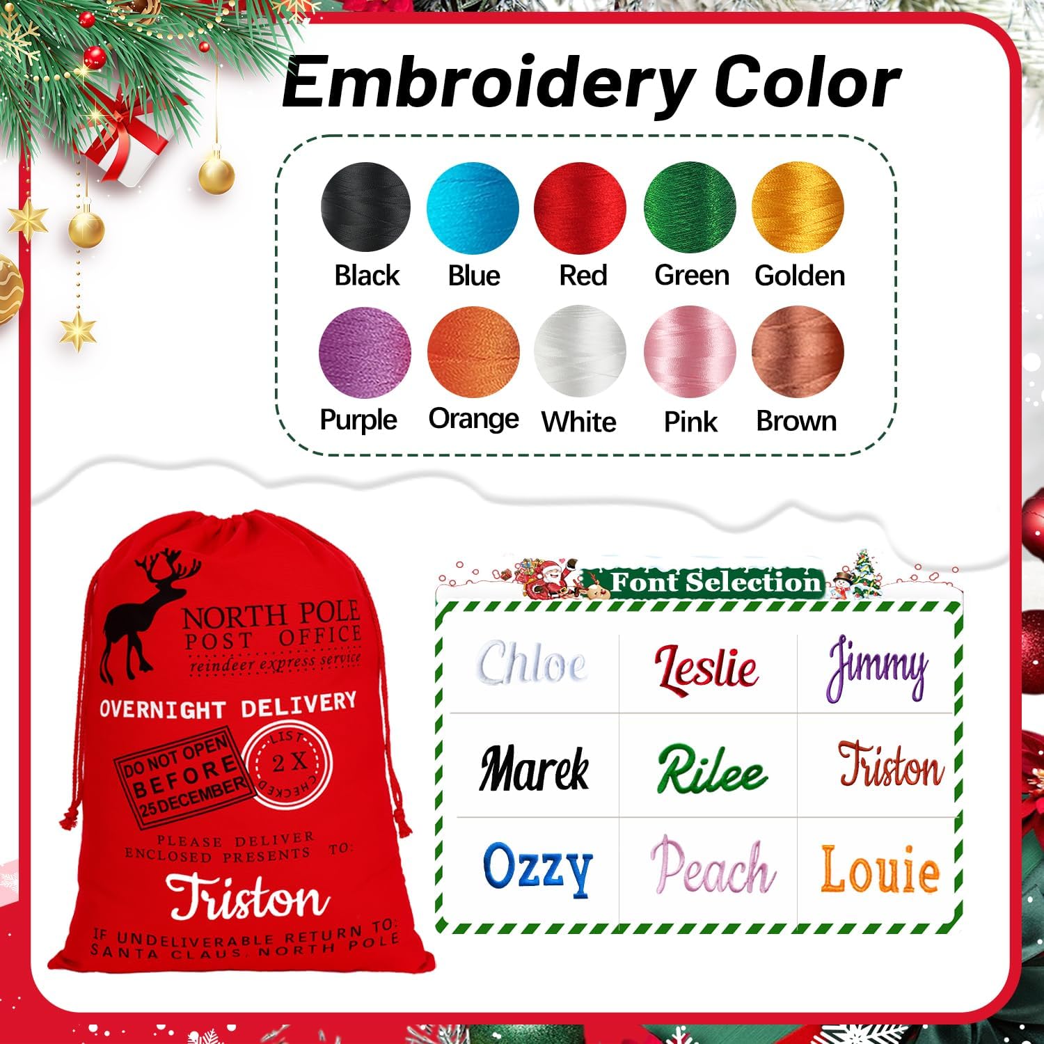 Ulico Personalized Christmas Bag ，Custom Oversized Santa Sack with Embroidered Name ，Christmas Gift Bag Present Bag ，Large Gift Sack，Canvas Stocking Bags for Kids, Family（1 Pcs）
