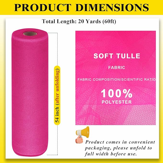 54" by 20 Yards Hot Pink Tulle Fabric Rolls - Tutu Spool Bolt for DIY Wedding Decoration, Baby Shower Tutu Skirt, Gift Wrapping - Large Matte Tulle, Roll Packaging (Fuchsia)