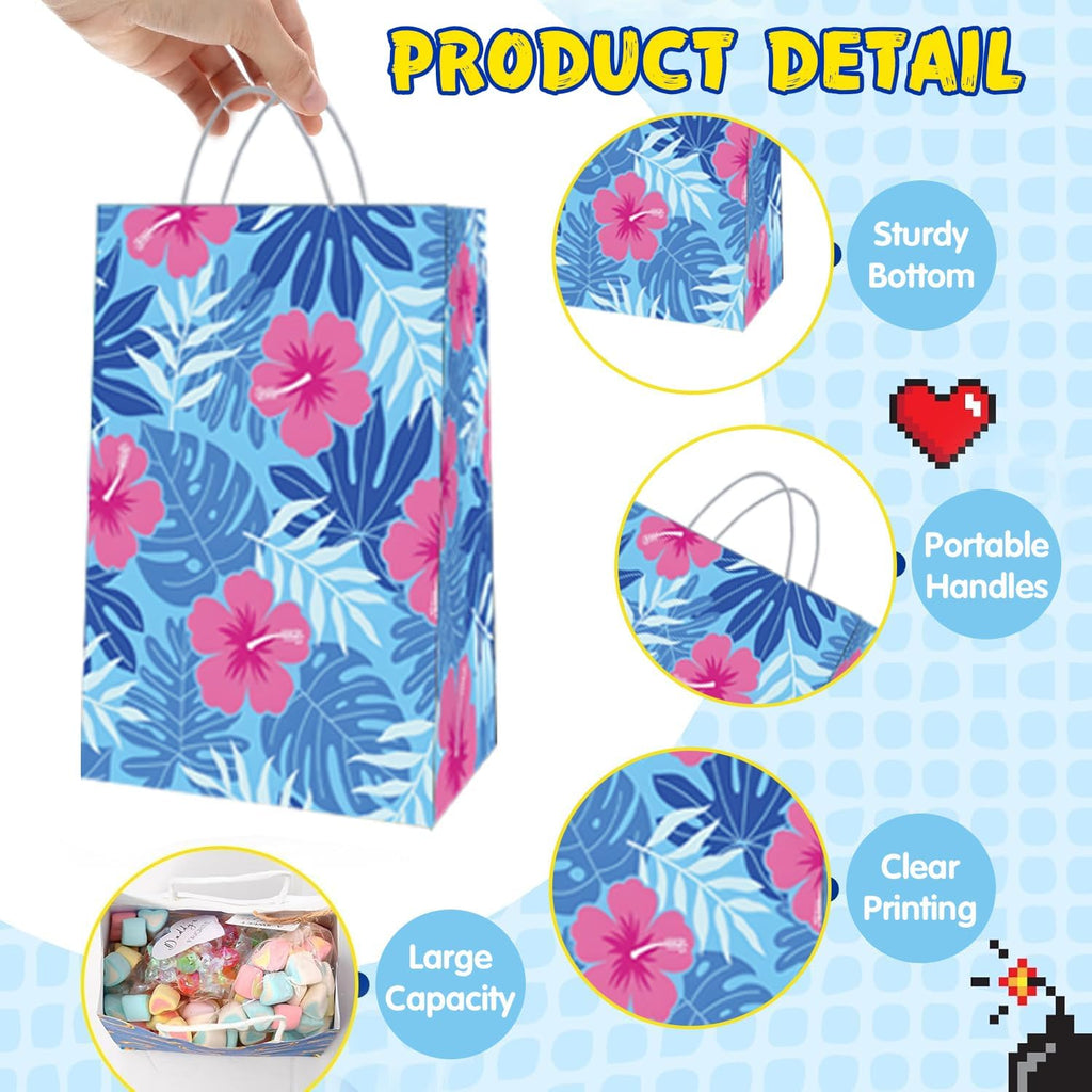16 Pcs Cute Cartoon Pink Blue Hawaii Party Favor Bag Print Flower Patterns Gift Bags with Handles -Cartoon Themed for Hawaiian Tropical Birthday Supplies