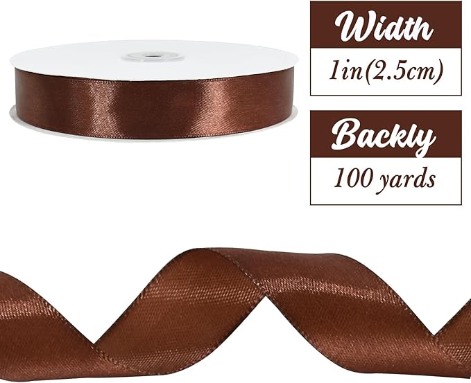 TONIFUL 1 Inch x 100yds Coffee Brown Satin Ribbon, Thin Solid Color Satin Ribbon for Gift Wrapping, Crafts, Hair Bows Making, Wedding Party Decoration, Invitation Cards, Floral Bouquets, Christmas