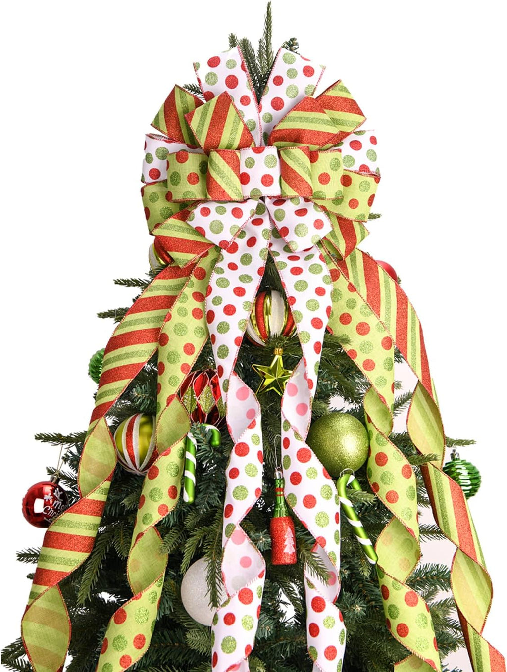 Christmas Tree Topper Wreath Bow Large Green Christmas Bow Tree Topper, 45"x13" Red Green Dot Polyester Gift Ribbon for Xmas Ornament Holiday Home Wedding Thanksgiving Indoor/Outdoor Decoration