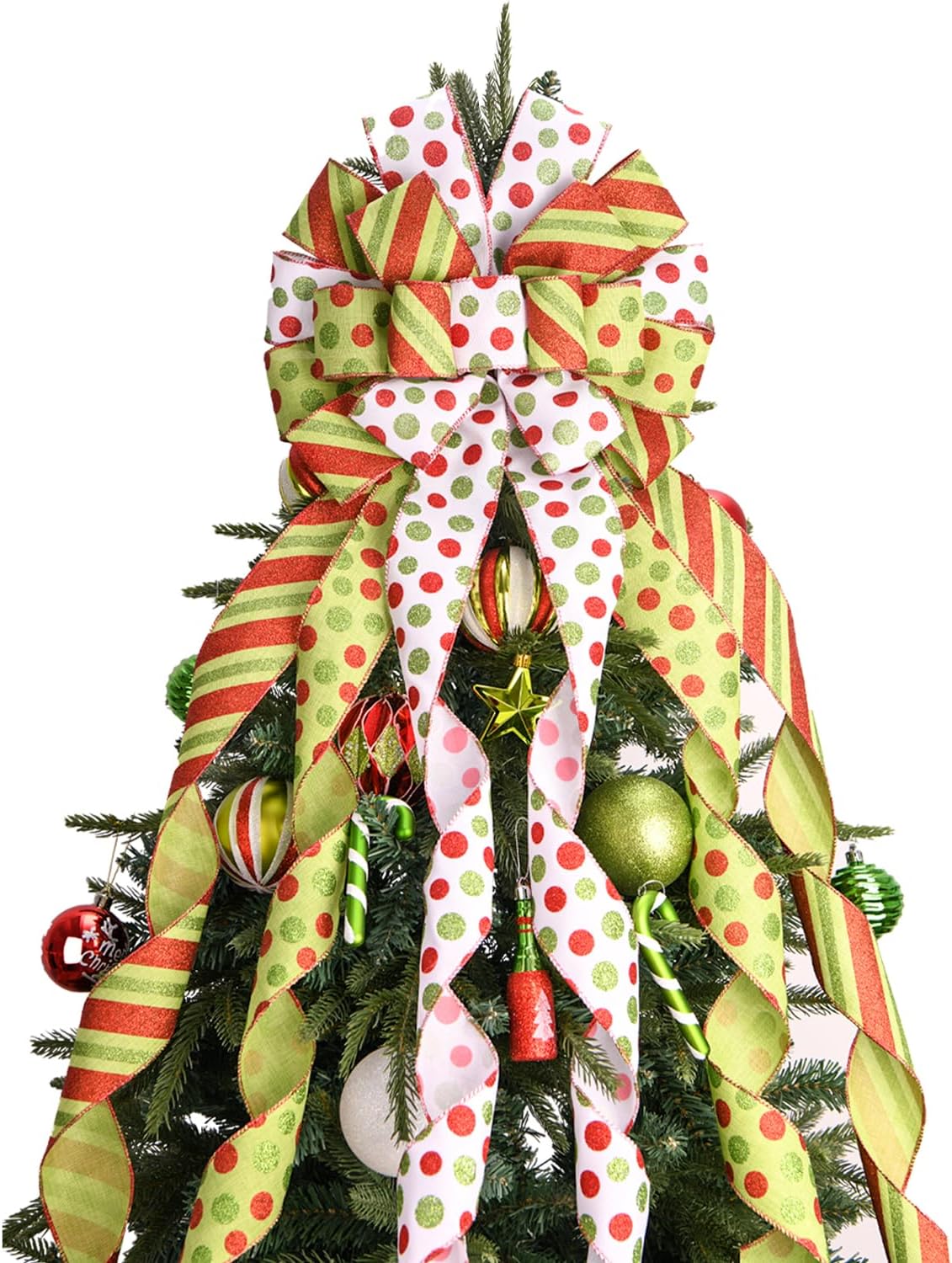 Christmas Tree Topper Wreath Bow Large Green Christmas Bow Tree Topper, 45"x13" Red Green Dot Polyester Gift Ribbon for Xmas Ornament Holiday Home Wedding Thanksgiving Indoor/Outdoor Decoration