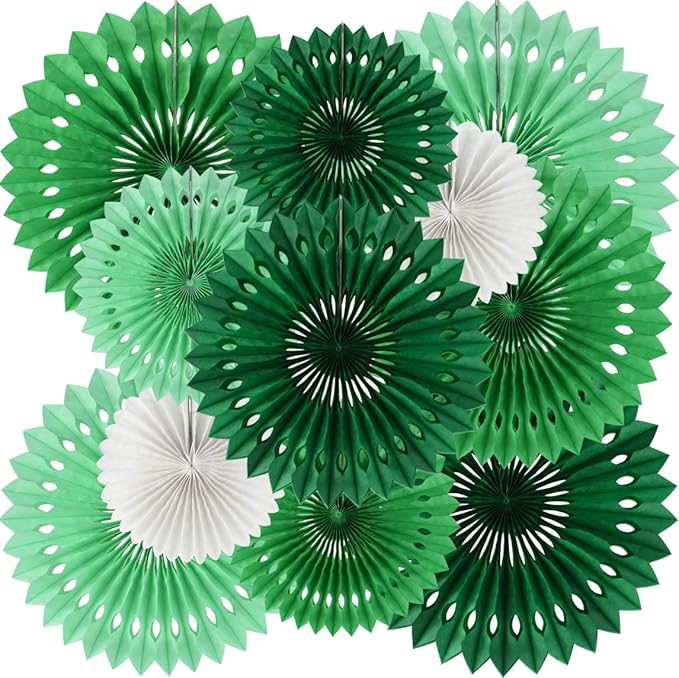 BEISHIDA Green White Party Decoration Hanging Honeycomb Round Paper Fans Kit for Theme Birthday Baby Shower Summer Forest Patrick's Irish Backdrop Party Supplies（11packs）