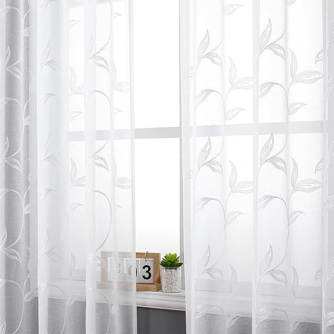 VISIONTEX White Sheer Voile Curtains, Decorative White Embroidery Faux Linen Rod Pocket Window Drapes for Home Kitchen, Living Room and Bedroom 54 x 63 Inch, Set of 2 Curtain Panels