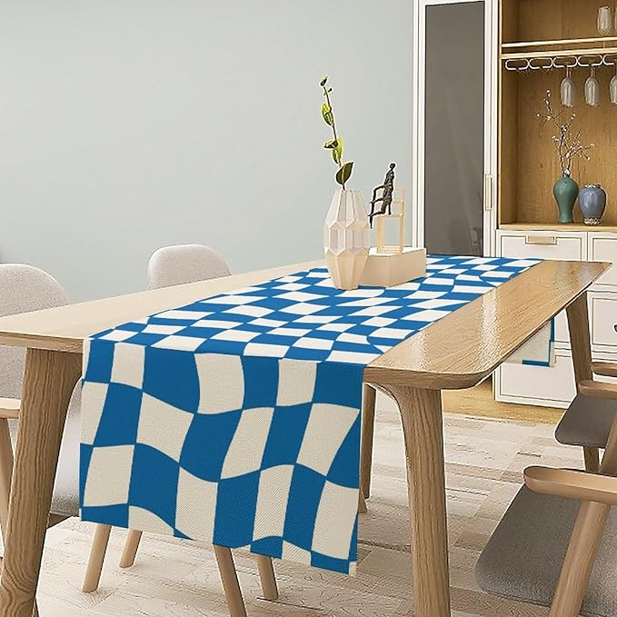 Table Flag Retro Plaid 60s70s Blue Plaid Table Flag Kitchen Restaurant Decoration Suitable for Indoor and Outdoor Festival Home Wedding Party Table Flag 13x90