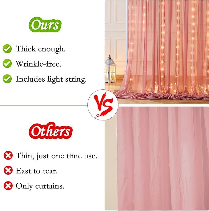 10ft x 10ft Dusty Rose Chiffon Backdrop Curtain with Lights String for Parites Wedding Wrinkle Free Curtain Photo Backdrops Drapes for Baby Shower Birthday Party Home Decorations