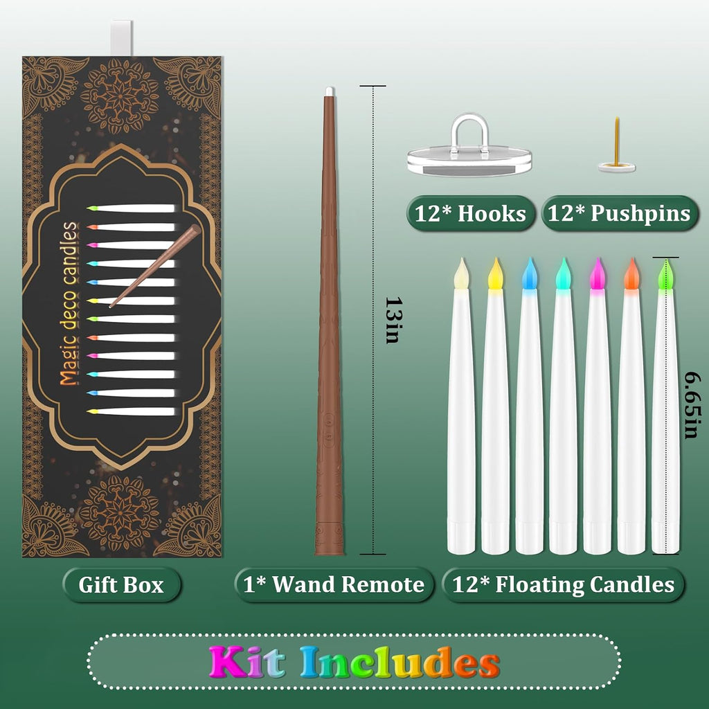 Color Changing Floating Candles with Magic Wand Remote, Holiday Decorations Magical Hanging Candles, 12Pcs Flameless Taper Candle with Multi-Color Battery Operated Window Candles for Party Theme Decor