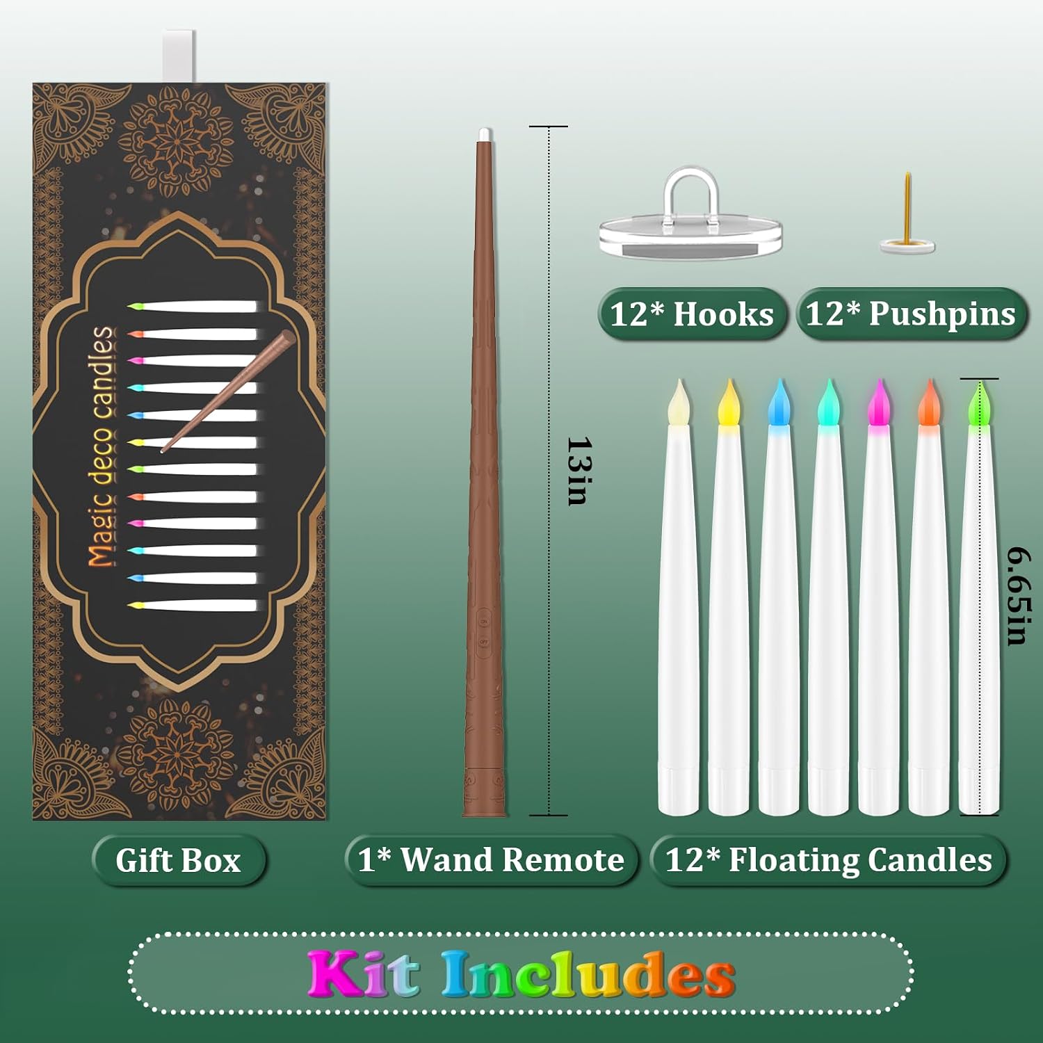 Color Changing Floating Candles with Magic Wand Remote, Holiday Decorations Magical Hanging Candles, 12Pcs Flameless Taper Candle with Multi-Color Battery Operated Window Candles for Party Theme Decor