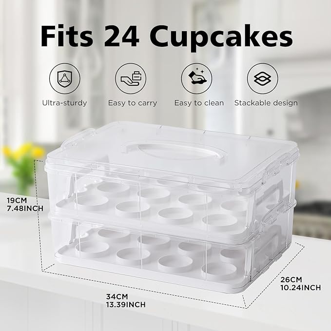 Two Tier Cupcake Carrier, White Stackable Cupcake Holder Carries for 24 Standard-Size Cupcakes, Reusable Detachable Cupcake Box