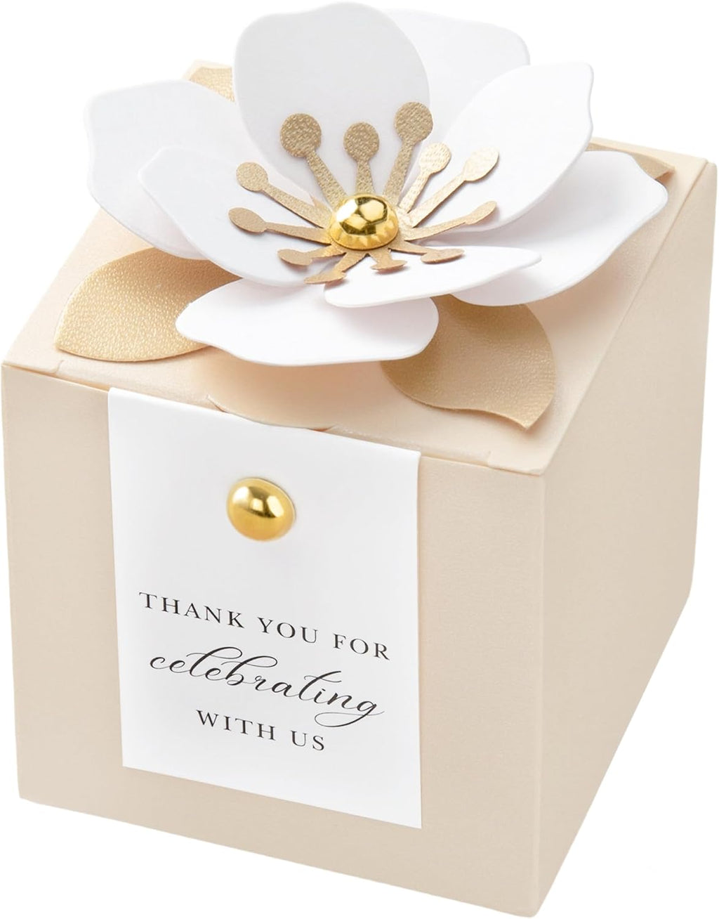 FEIYI 20 PCS Champagne Favor Boxes, 3 In 1 Candy Box with Floral Decor, White Thank You Tags Gift wrapping for Wedding Birthday Baby Shower Decorations Party -2.55x2.55x2.55 inches