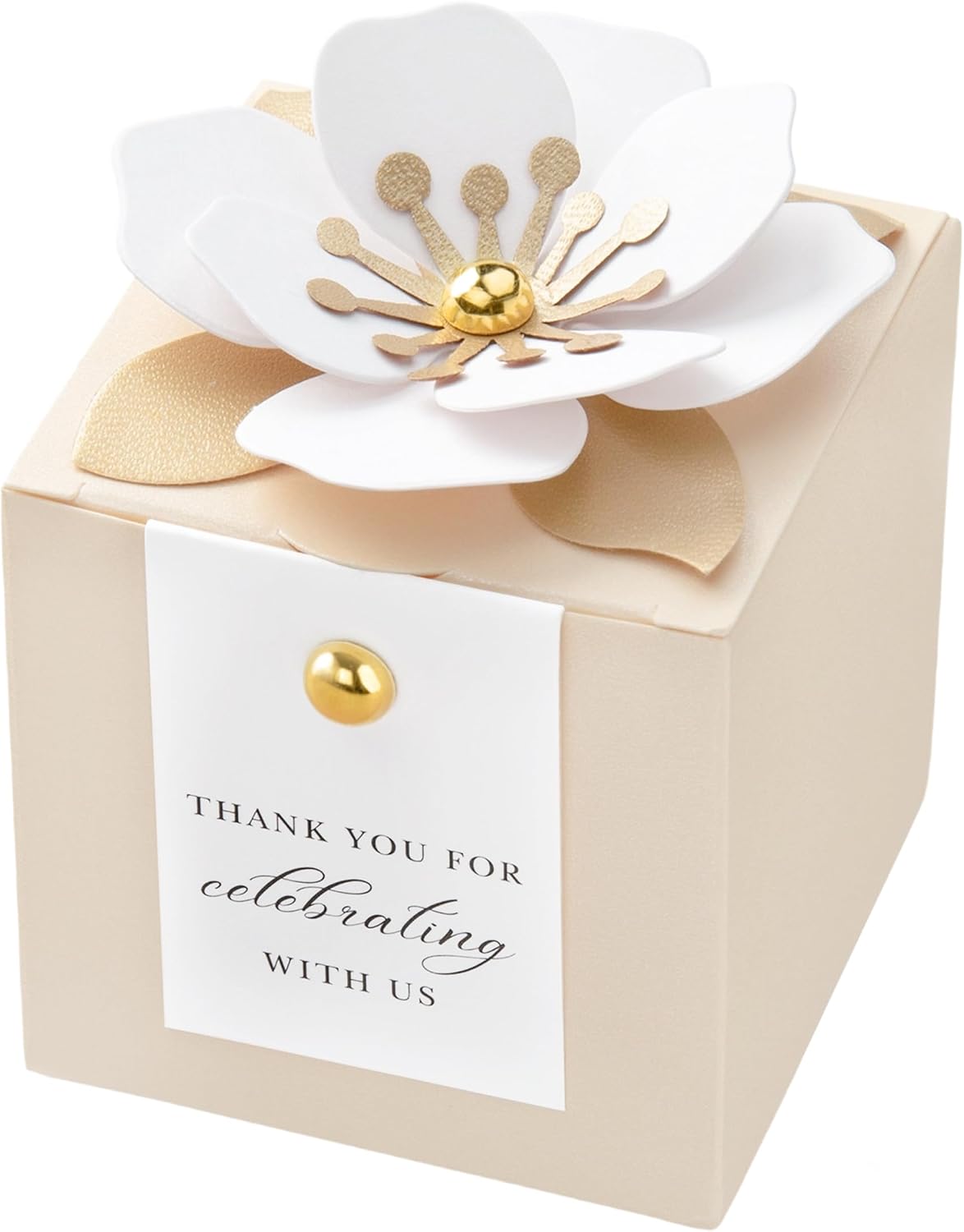 FEIYI 20 PCS Champagne Favor Boxes, 3 In 1 Candy Box with Floral Decor, White Thank You Tags Gift wrapping for Wedding Birthday Baby Shower Decorations Party -2.55x2.55x2.55 inches