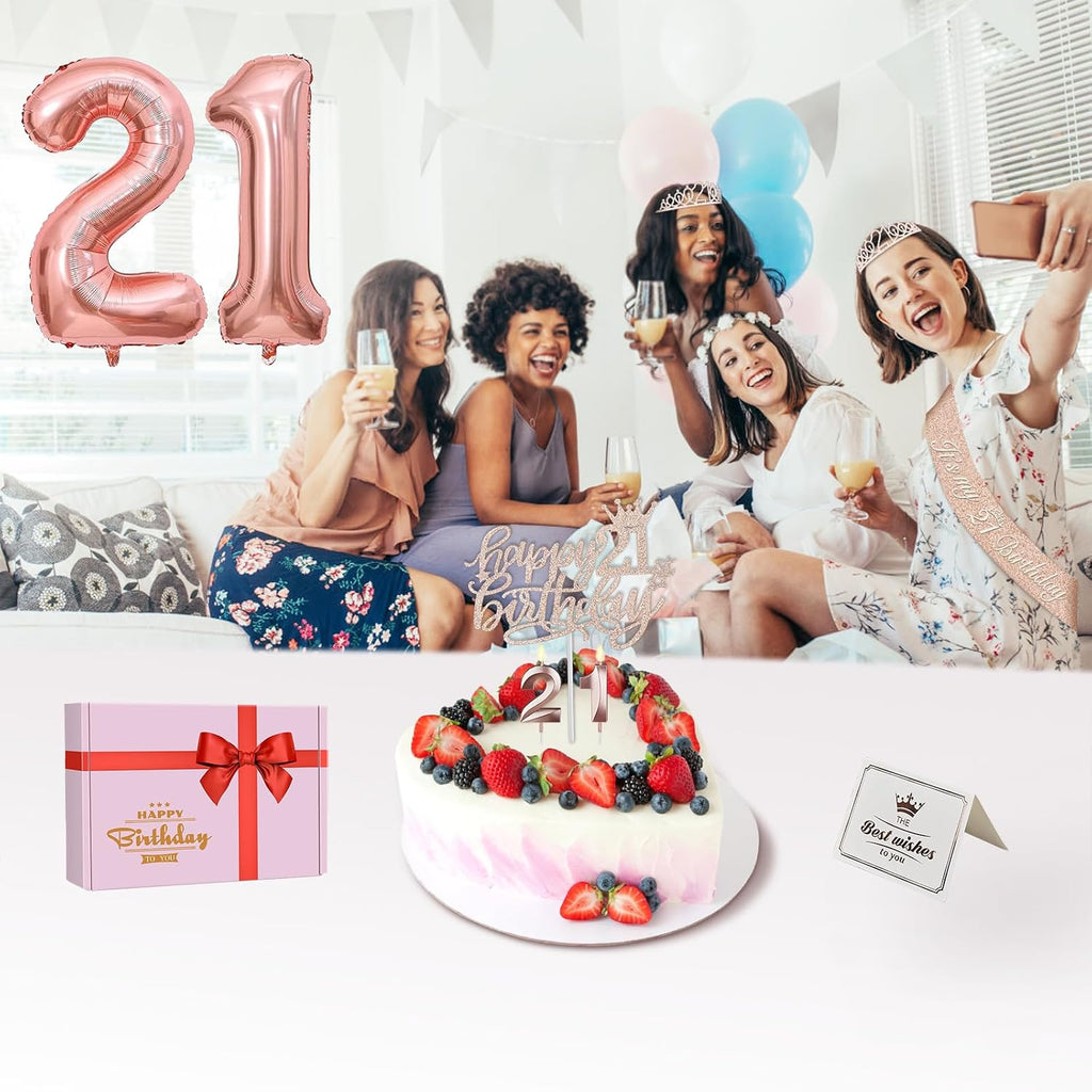 21st Birthday Decorations for Her, Include 21st Birthday Sash and Tiara, Cake Topper and Candles, Number Balloons, 21 Year Old Gifts for Her