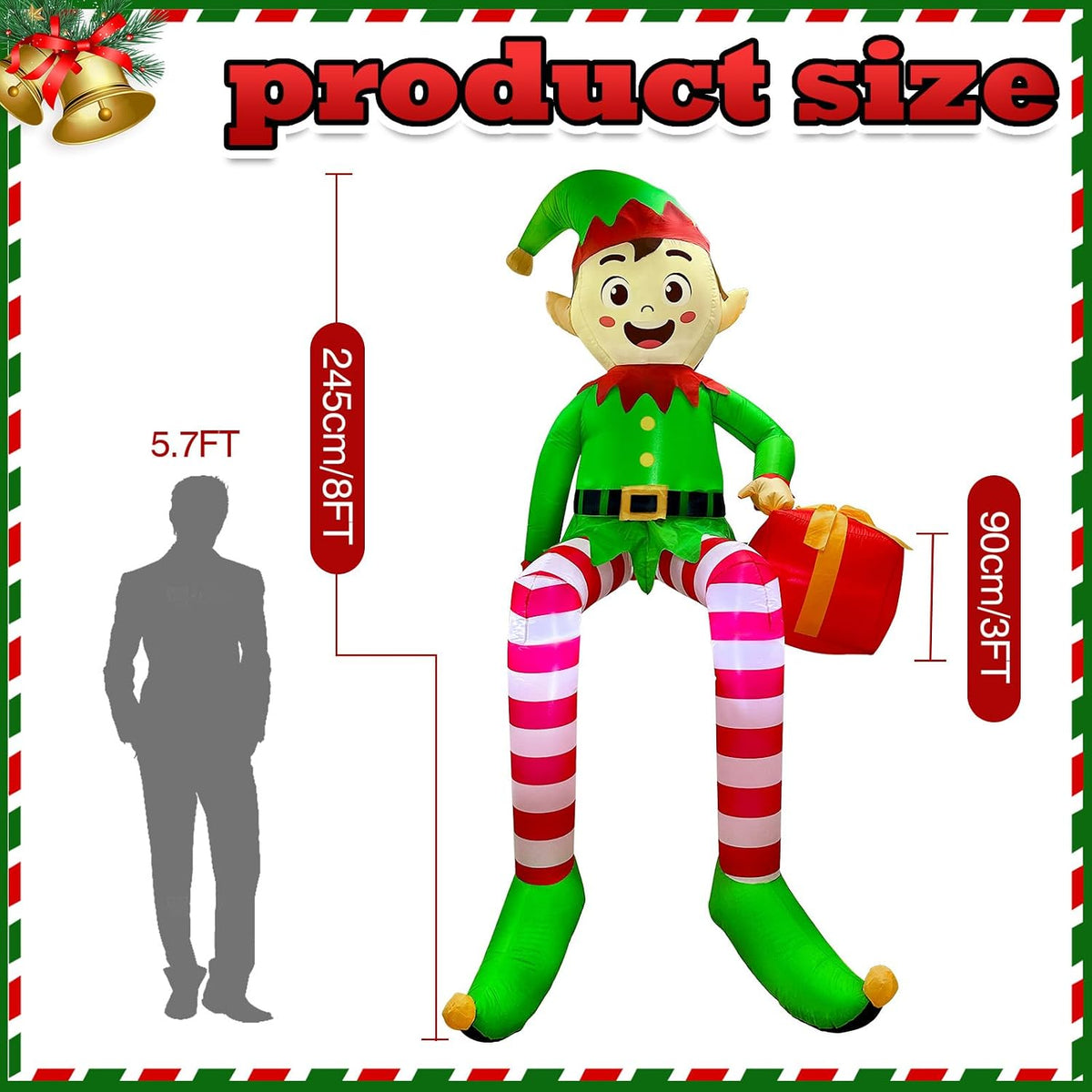 8 ft christmas inflatable outdoor decorations, sitting elf shown in use