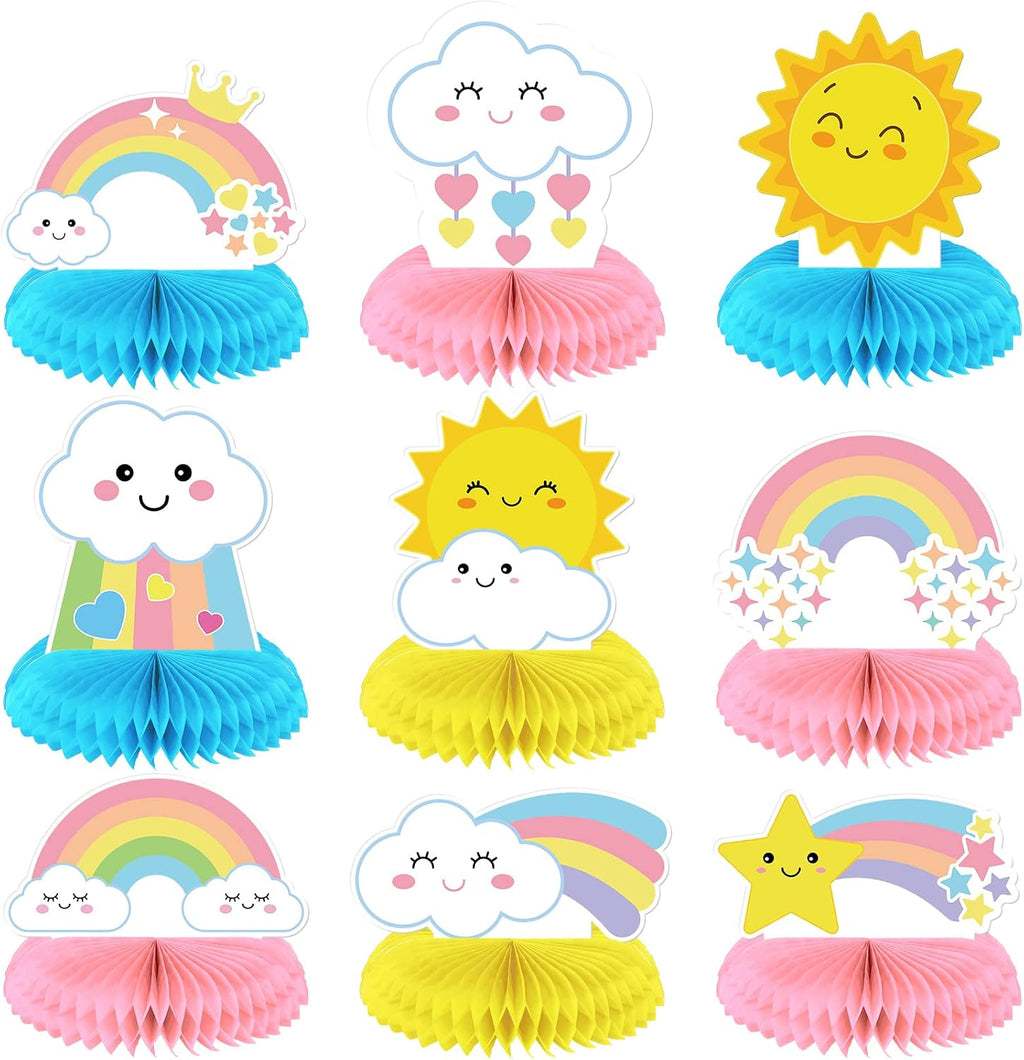 Ireer 9 Pieces Rainbow Party Decorations Honeycomb Rainbow Table Centerpieces Cute 3D Clouds Decorations for Birthday or Themed Party Favor Supplies