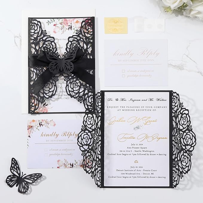 50pcs Black Wedding Invitation Kit Butterfly Laser Cut Invittations Pocket with Blank Inner Sheets and Envelopes for Wedding Anniversary Quinceañera Birthday Party Invites 4.9x7''