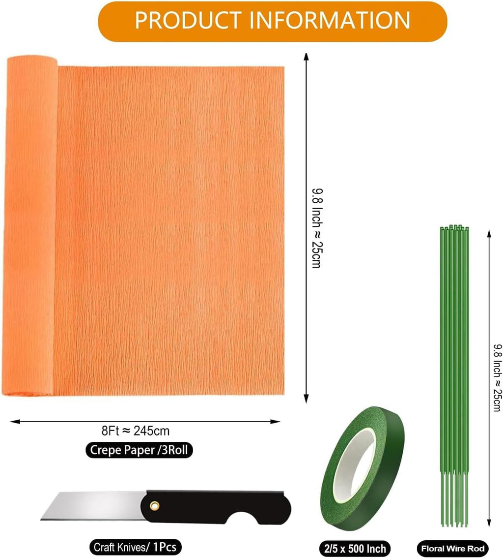 Crepe Paper Roll (9.8Inch x 8.2Ft/3Rolls), Heavy Papel Crepe Set Multi-Color, Crepe Paper for Birthday Wedding Party Decoration DIY Craft (Orange)