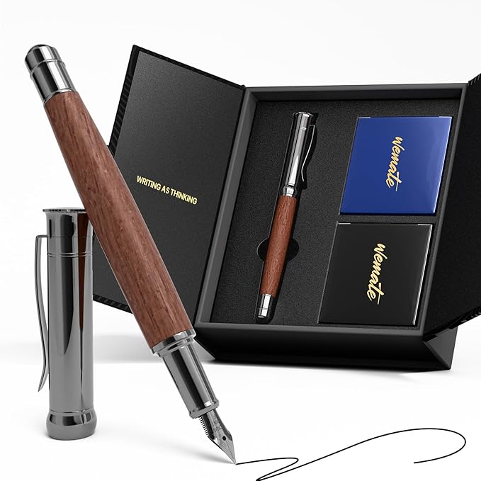 WEMATE Fountain Pen Set, Fine Nib, 20 Ink Cartridges(10 Black&10 Blue), 1 Ink Converter, Smooth Writing, No Skips, Nice Gift for Men, Women, Cool Wood Fountain Pen for Writing, Calligraphy