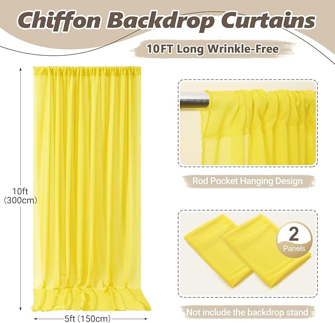 10ft x 10ft Yellow Backdrop Curtain Drapes, Wrinkle-Free Sheer Chiffon Fabric Photo Backgroud Panels for Wedding Arch Party Ceremony Stage Photography Decoration